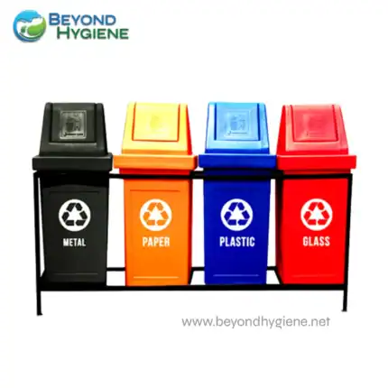 Recycling trash bins for metal, paper, plastic, and glass waste separation at Beyond Hygiene Asia for effective waste management and environmental sustainability.