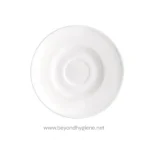 White ceramic plate for hygiene and sanitation cleaning use, clean dishware for commercial or residential settings.