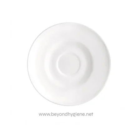 White ceramic plate for hygiene and sanitation cleaning use, clean dishware for commercial or residential settings.