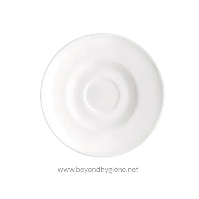 White ceramic plate for hygiene and sanitation cleaning use, clean dishware for commercial or residential settings.