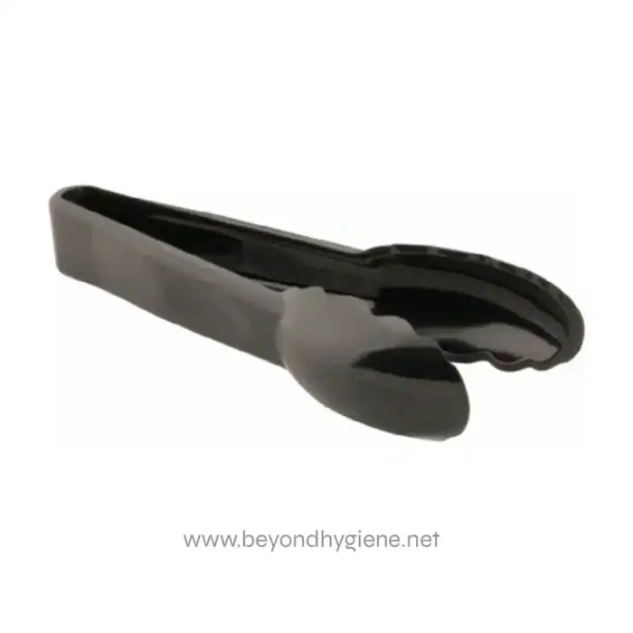 Black rubber tong gripper for food handling and sanitation, ideal for professional hygiene standards.
