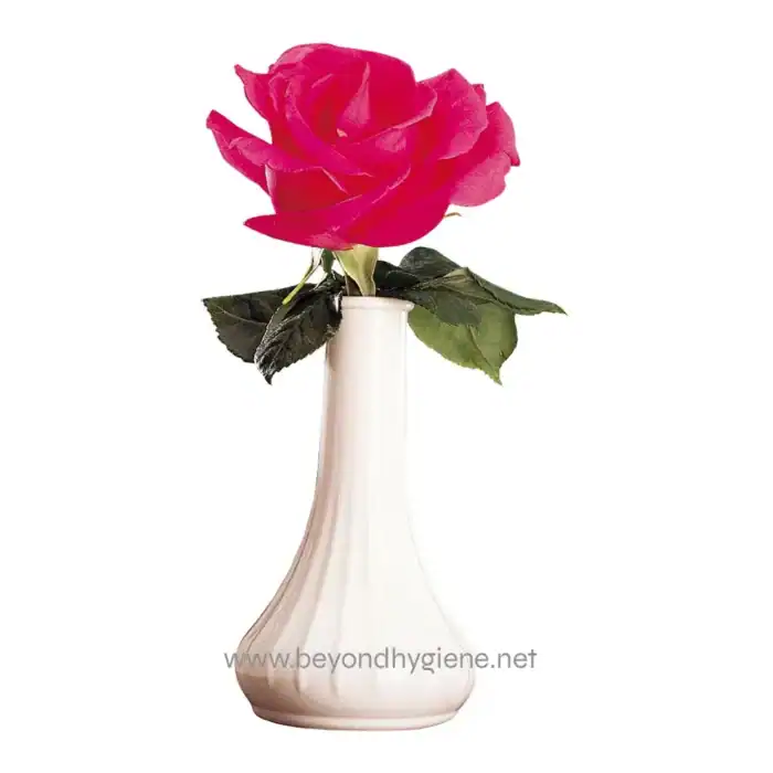 Pink rose in white vase, floral decor, Beyond Hygiene Asia, elegant flower arrangement, home and office floral decorations, eco-friendly floral display, aesthetic flower art, natural elegance, floral aesthetic, luxury flower decor.
