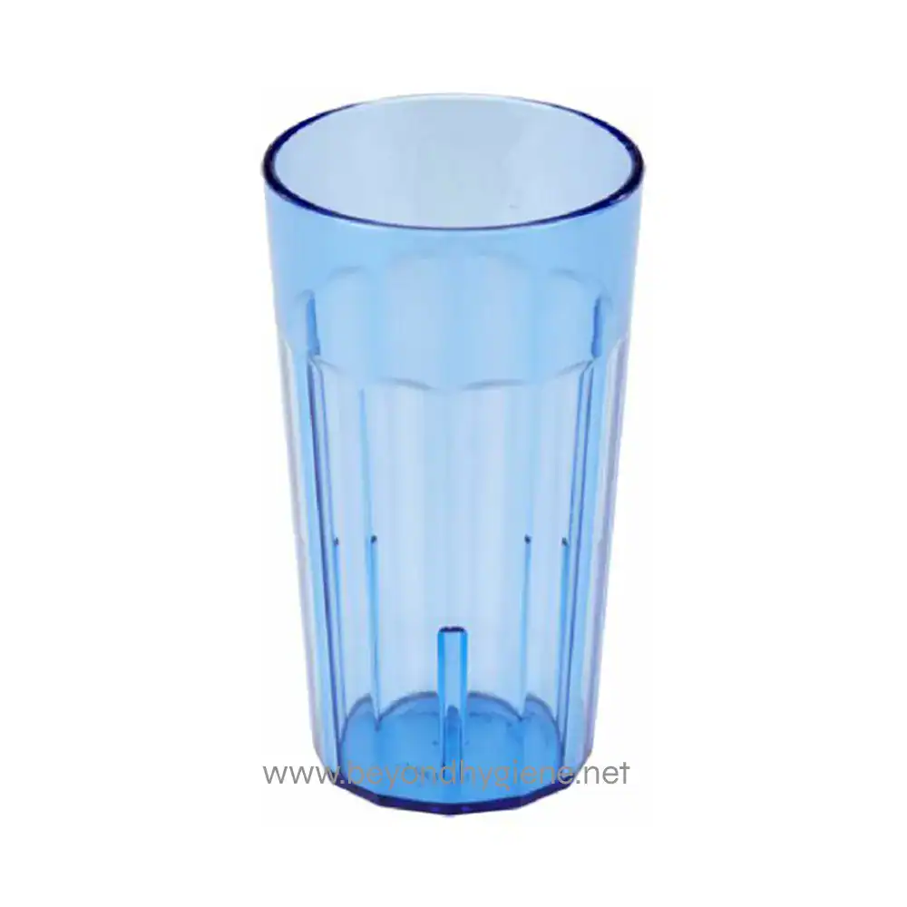cambro-nt12401-newport-tumbler-fluted-12-6-oz-sosw Clear blue plastic tumbler for hygiene and sanitation, suitable for daily use and cleaning routines. Durable and transparent design ideal for homes and commercial environments.