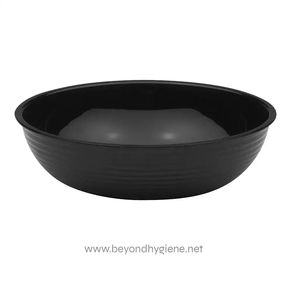 Black plastic cleaning or disposal bowl for hygiene and sanitation purposes, ideal for food or sanitation needs.