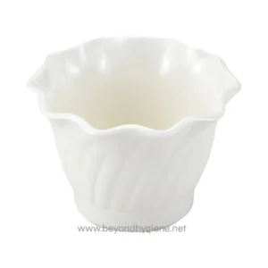 White ceramic flower-shaped bowl for hygiene and sanitation purposes, ideal for bathroom or kitchen use in commercial cleaning environments.