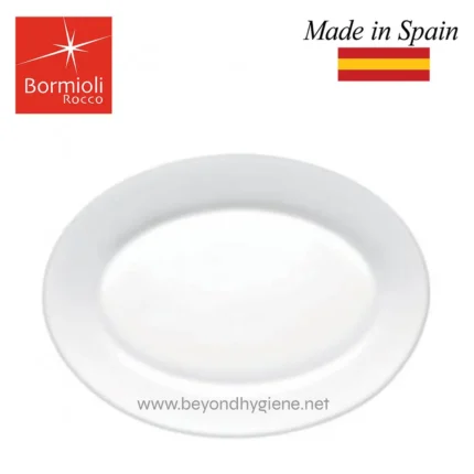 Bormioli Rocco oval ceramic plate made in Spain, ideal for upscale dining, durable and stylish for restaurants and catering.