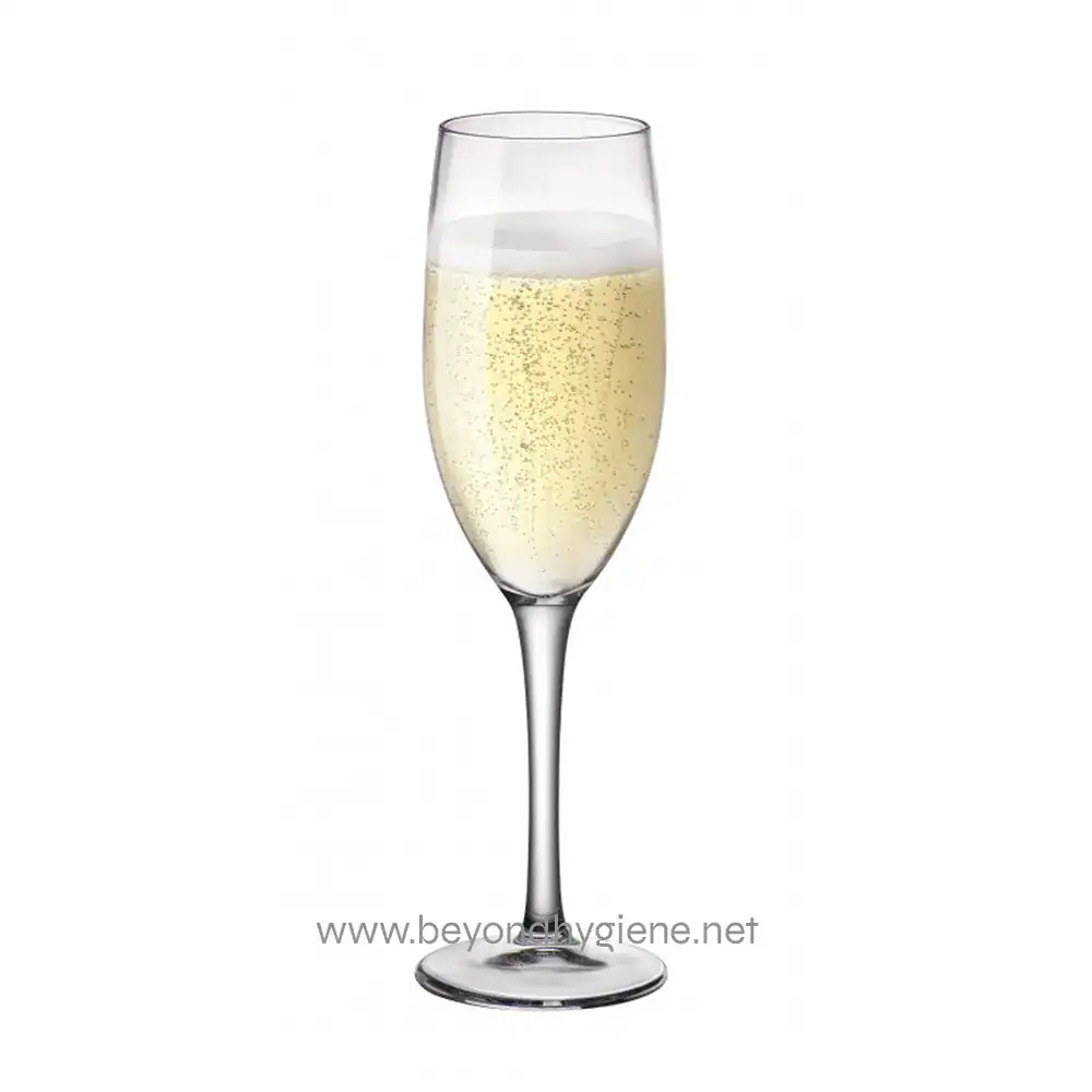 Chilled glass of sparkling champagne with bubbles, symbolizing celebration and luxury.