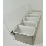 Stainless steel sanitizer dispenser with white plastic trays, ideal for commercial hygiene and sanitation solutions at Beyond Hygiene Asia.