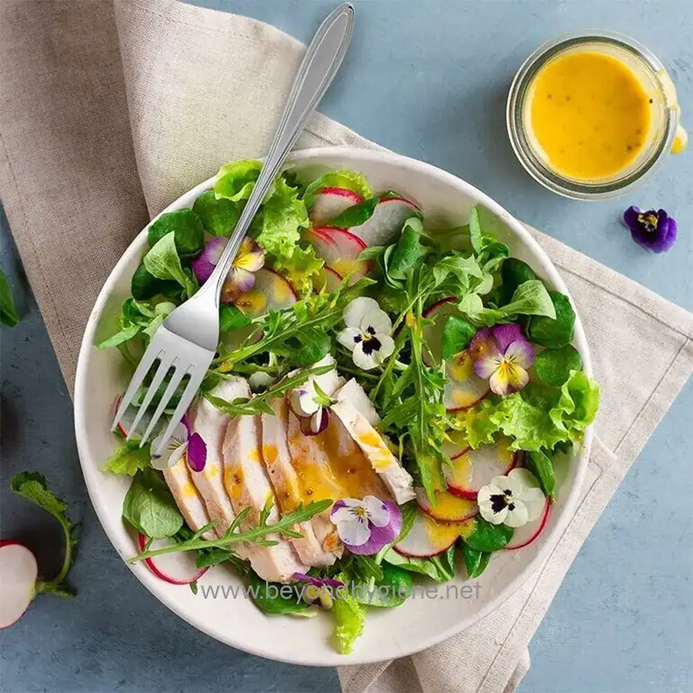 s-l1600 (2) Fresh garden salad with mixed greens, radishes, edible flowers, sliced chicken breast, and a vinaigrette dressing from Beyond Hygiene Asia - promoting healthy eating and hygiene standards.