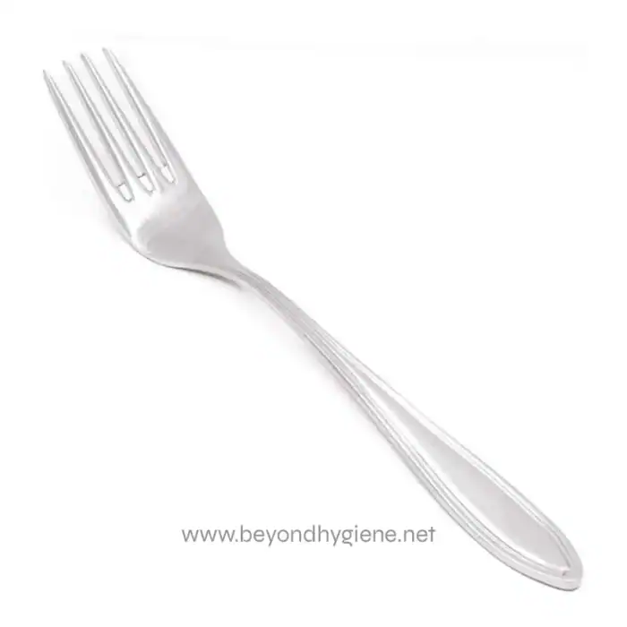 Stainless steel fork for hygiene and cleanliness, ideal for food service, restaurants, or kitchen use, emphasizing sanitation and professionalism.
