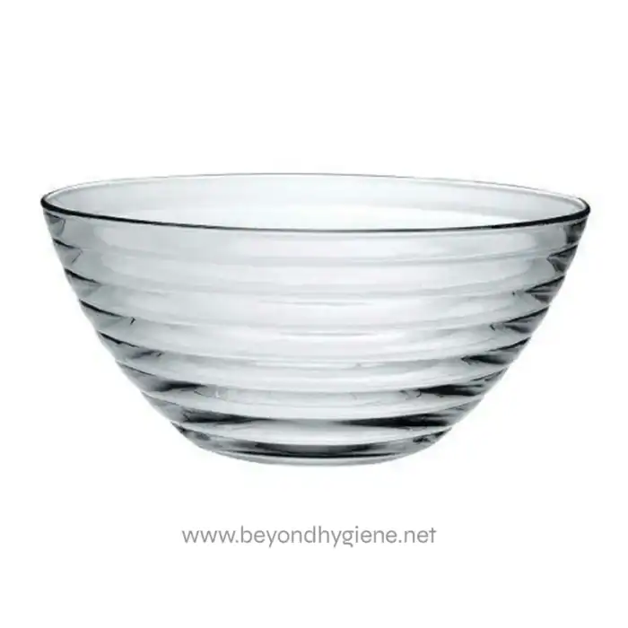 Deep clear glass bowl with a modern spiral design, perfect for dining or decorative use. Durable and elegant, ideal for commercial or home hospitality settings.