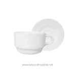 Pure white ceramic coffee cup with saucer, showcasing cleaning and hygiene products from Beyond Hygiene Asia. Ideal for commercial or household use, emphasizing cleanliness and sanitation.