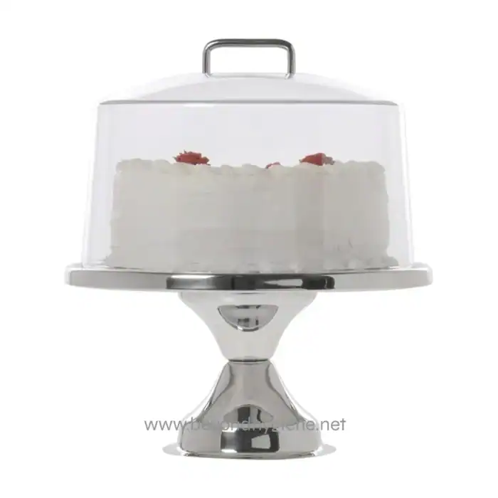 Cake display with a glass dome on a stainless steel stand, ideal for showcasing baked goods in commercial or hospitality settings, highlighting hygiene and presentation in food service.