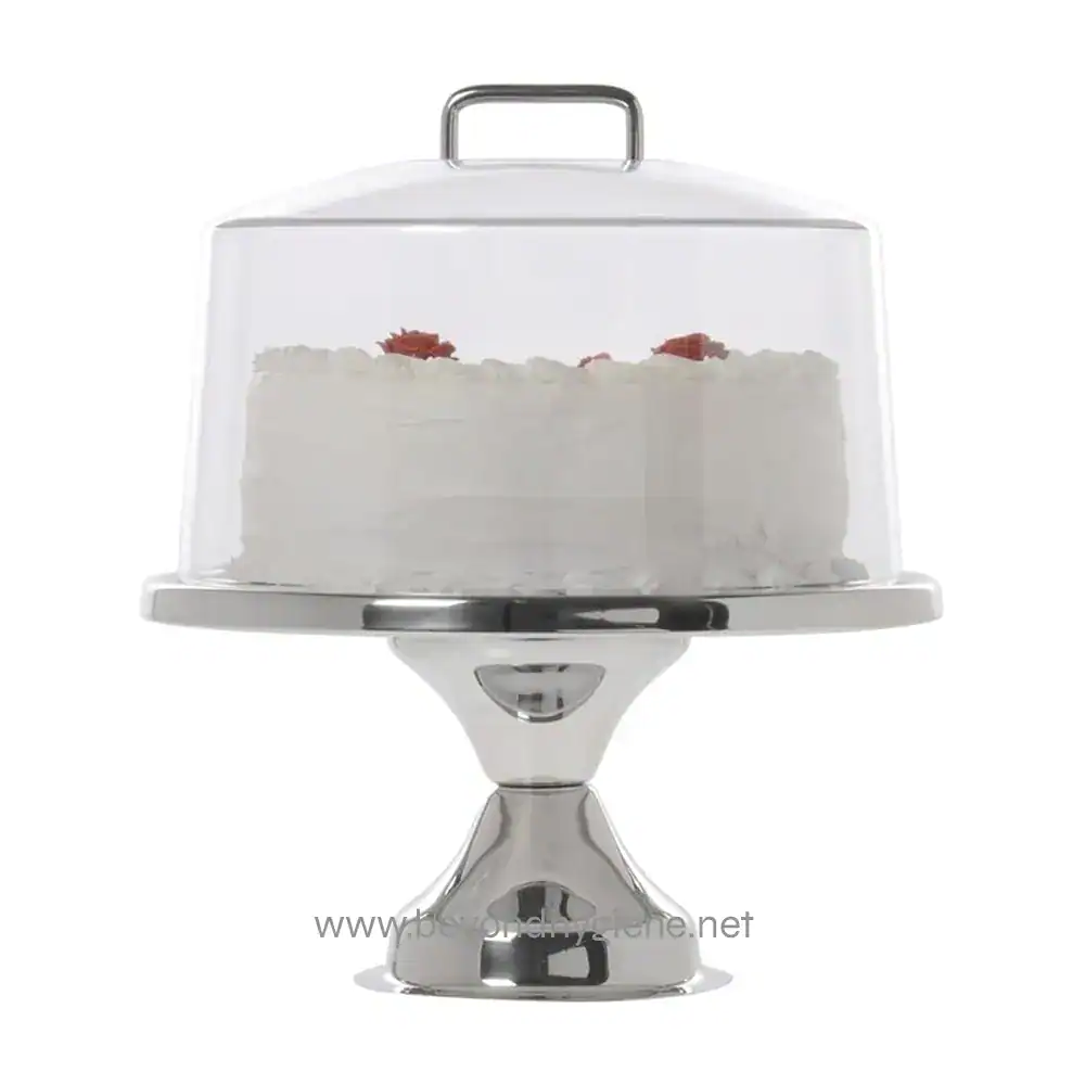 v Cake display with a glass dome on a stainless steel stand, ideal for showcasing baked goods in commercial or hospitality settings, highlighting hygiene and presentation in food service.