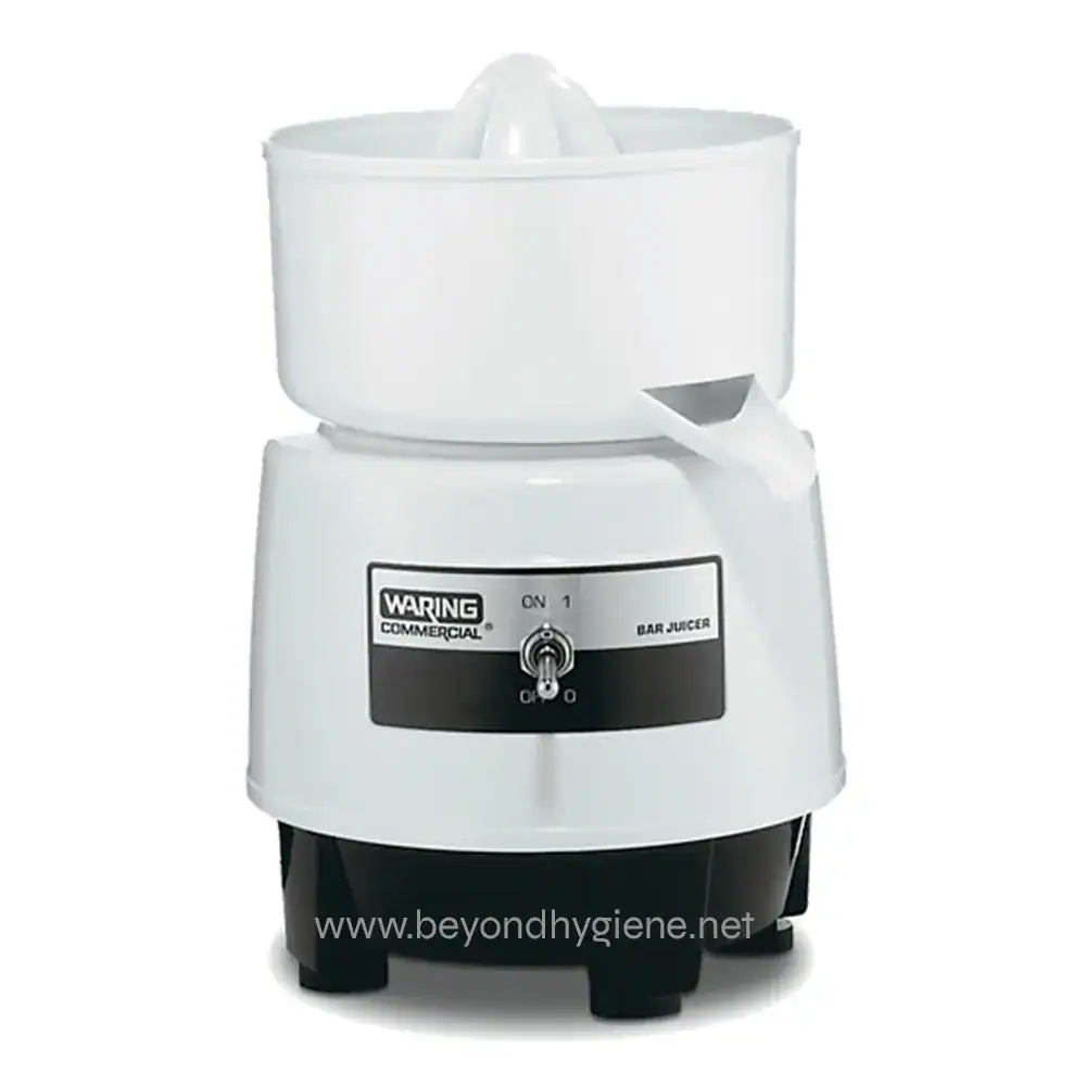 0060610_1 White commercial citrus juicer with black base and control switch for foodservice and hospitality hygiene hygiene equipment for restaurants and cafes.