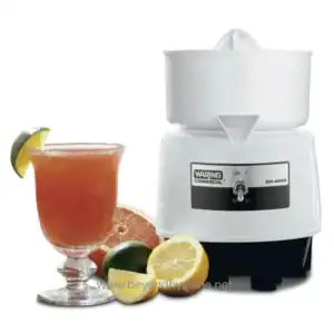 Fresh fruit juice extracted with commercial juice machine, surrounded by lemons and grapefruit, representing quality beverage production from Beyond Hygiene Asia.