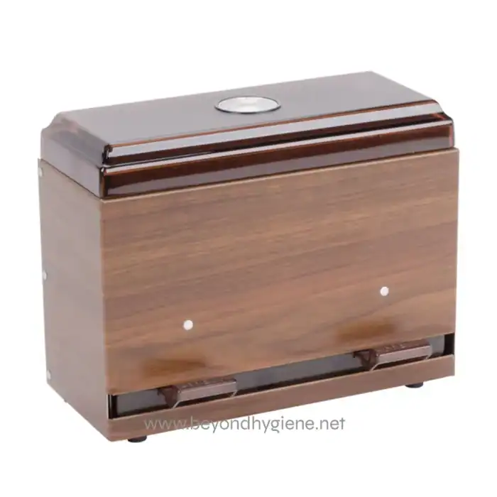 Automatic paper towel dispenser with wooden finish, designed for hygienic hand drying in commercial and healthcare settings. Sleek, durable, and easy to refill.
