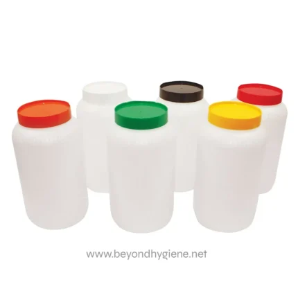 Blue, red, green, black, and yellow-lidded plastic medication bottles for healthcare storage and organization.