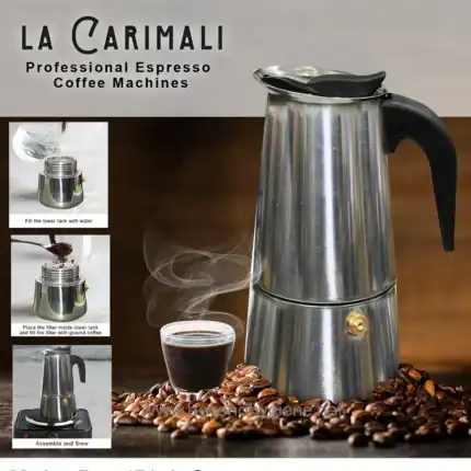 Fill lower tank with water for coffee machine operation, add ground coffee to filter, and assemble to brew a fresh cup of espresso, emphasizing professional coffee brewing and hygiene practices at Beyond Hygiene Asia.