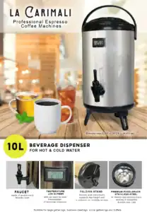 Beverage dispenser for hot and cold water, 10L capacity, stainless steel, digital temperature display, suitable for large gatherings, business meetings, and social events.