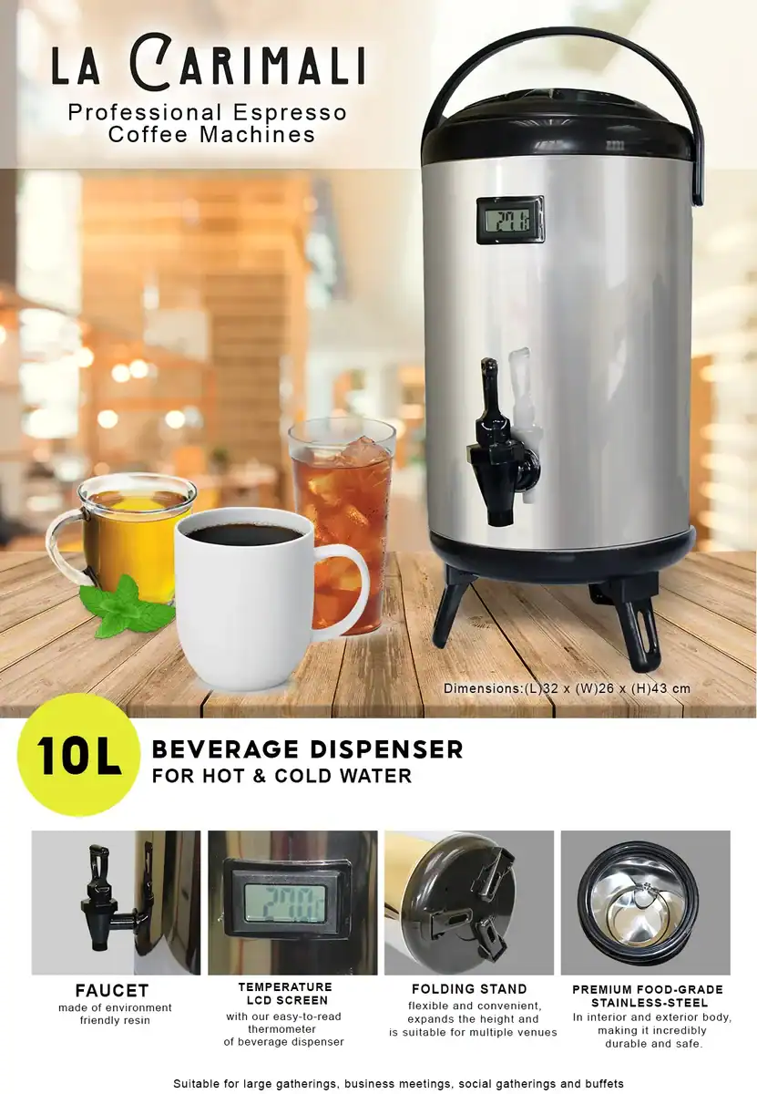 10L-Beverage-Dispenser Beverage dispenser for hot and cold water, 10L capacity, stainless steel, digital temperature display, suitable for large gatherings, business meetings, and social events.