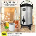 Stainless steel beverage dispenser for hot and cold water, ideal for cafes and hospitality, featuring 10L capacity, digital temperature display, and easy-to-use tap.