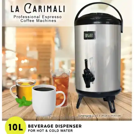 Stainless steel beverage dispenser for hot and cold water, ideal for cafes and hospitality, featuring 10L capacity, digital temperature display, and easy-to-use tap.