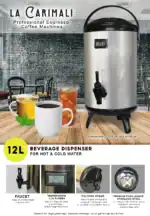 Beverage dispenser for hot and cold water with 12L capacity, stainless steel interior, temperature LCD screen, and folding stand, ideal for cafes, offices, and social gatherings at Beyond Hygiene Asia.