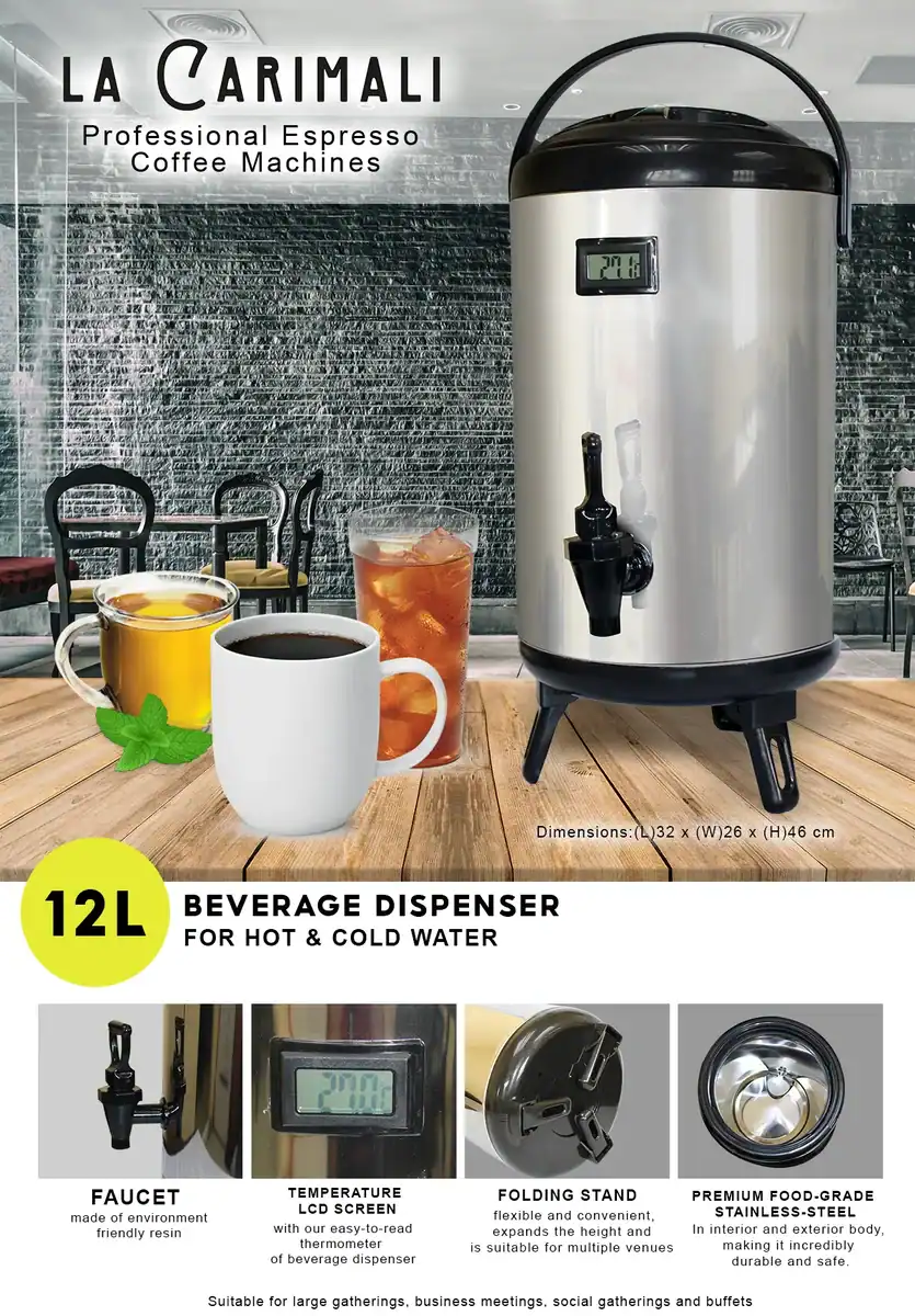 12L-Beverage-Dispenser Beverage dispenser for hot and cold water with 12L capacity, stainless steel interior, temperature LCD screen, and folding stand, ideal for cafes, offices, and social gatherings at Beyond Hygiene Asia.