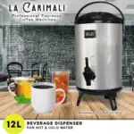 Hot and cold beverage dispenser for commercial use, 12L capacity, stainless steel construction, ideal for cafes, restaurants, and offices, with digital temperature display and easy tap access.