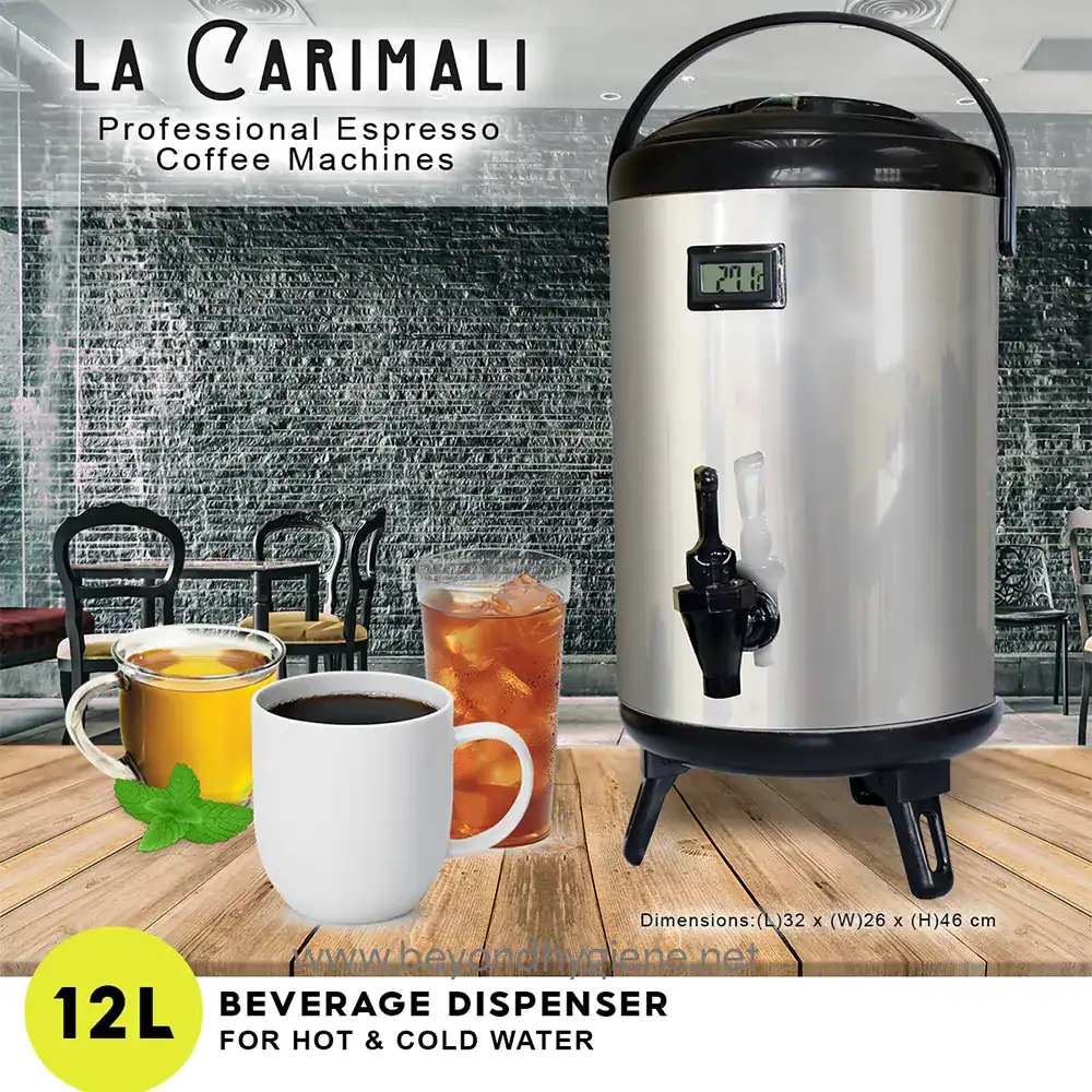 12L Beverage Dispenser Hot and cold beverage dispenser for commercial use, 12L capacity, stainless steel construction, ideal for cafes, restaurants, and offices, with digital temperature display and easy tap access.