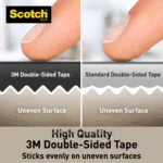3M double-sided tape comparison showing superior adhesion and surface coverage over standard tape, ideal for uneven surfaces in hygiene and maintenance applications.