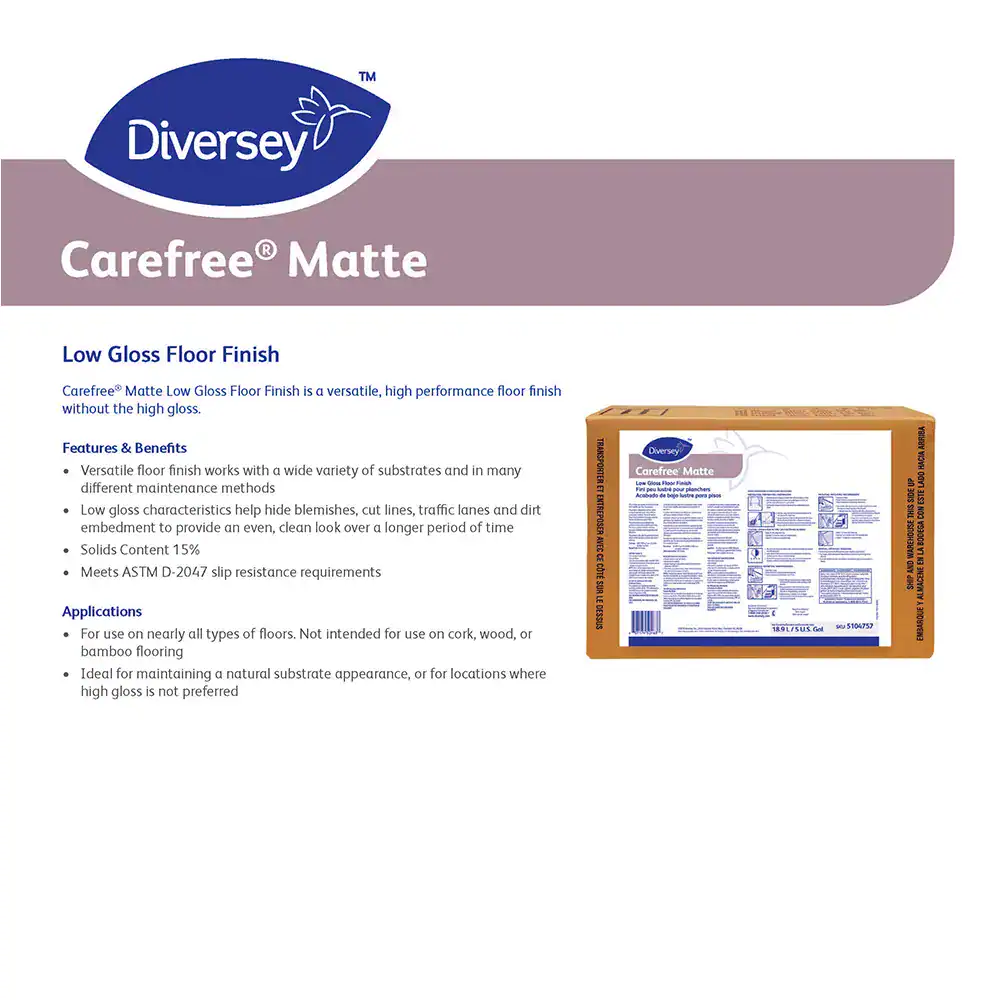 2 Diversey Carefree Matte low gloss floor finish for commercial and industrial flooring, ideal for maintaining hygiene and durability, suitable for healthcare, retail, and hospitality settings.