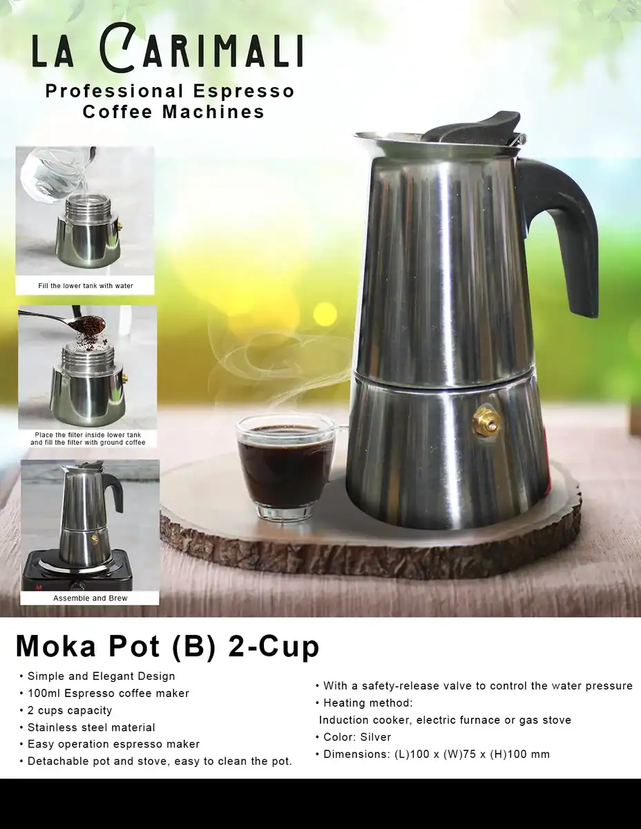 2 Moka Pot 2-Cup stainless steel espresso coffee maker for efficient brewing, with easy operation, detachable parts, safety valve, and compact size, ideal for home or office use.