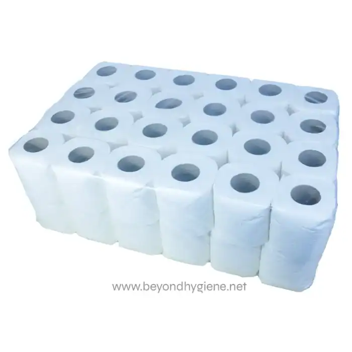 Soft white toilet paper rolls for hygiene and sanitation, ideal for commercial and residential use.
