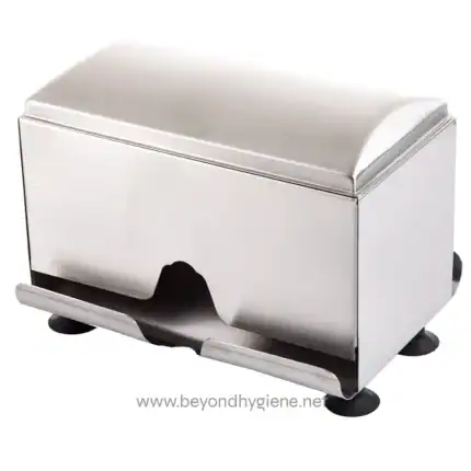 Durable stainless steel paper towel dispenser for hygienic hand drying in commercial and public restrooms.
