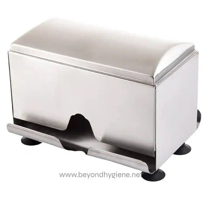 Durable stainless steel paper towel dispenser for hygienic hand drying in commercial and public restrooms.