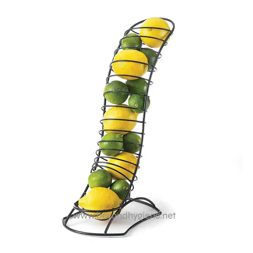 Lemon and lime fruit holder in black metal rack, used for organizing citrus fruits in commercial or residential kitchens, emphasizing hygiene and cleanliness.