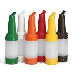 Green, white, orange, red, yellow, and black squeeze bottles for cleaning solutions at Beyond Hygiene Asia, specialized in hygiene and sanitation products for businesses and facilities.