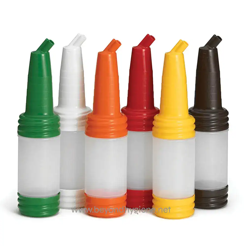 229-n32a Green, white, orange, red, yellow, and black squeeze bottles for cleaning solutions at Beyond Hygiene Asia, specialized in hygiene and sanitation products for businesses and facilities.