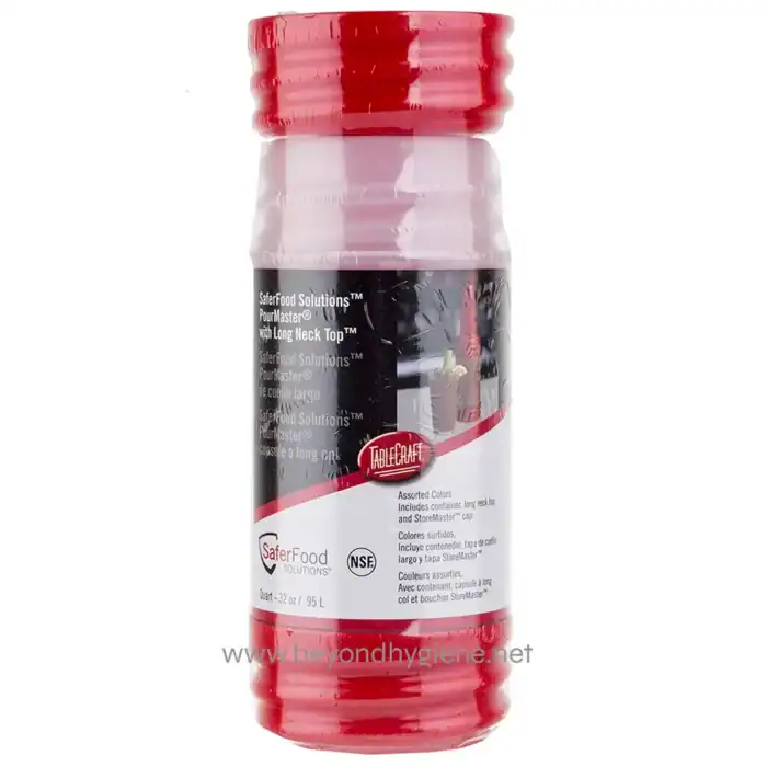 SAFER Food Solutions PourMaster condiment dispenser with long neck top, large capacity, and assorted colors for hygienic food service.