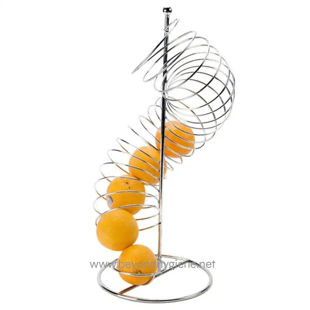 Orange fruit holder, fruit cantilever rack, kitchen fruit storage, modern fruit display, stainless steel fruit stand, Beyond Hygiene Asia promotional image.