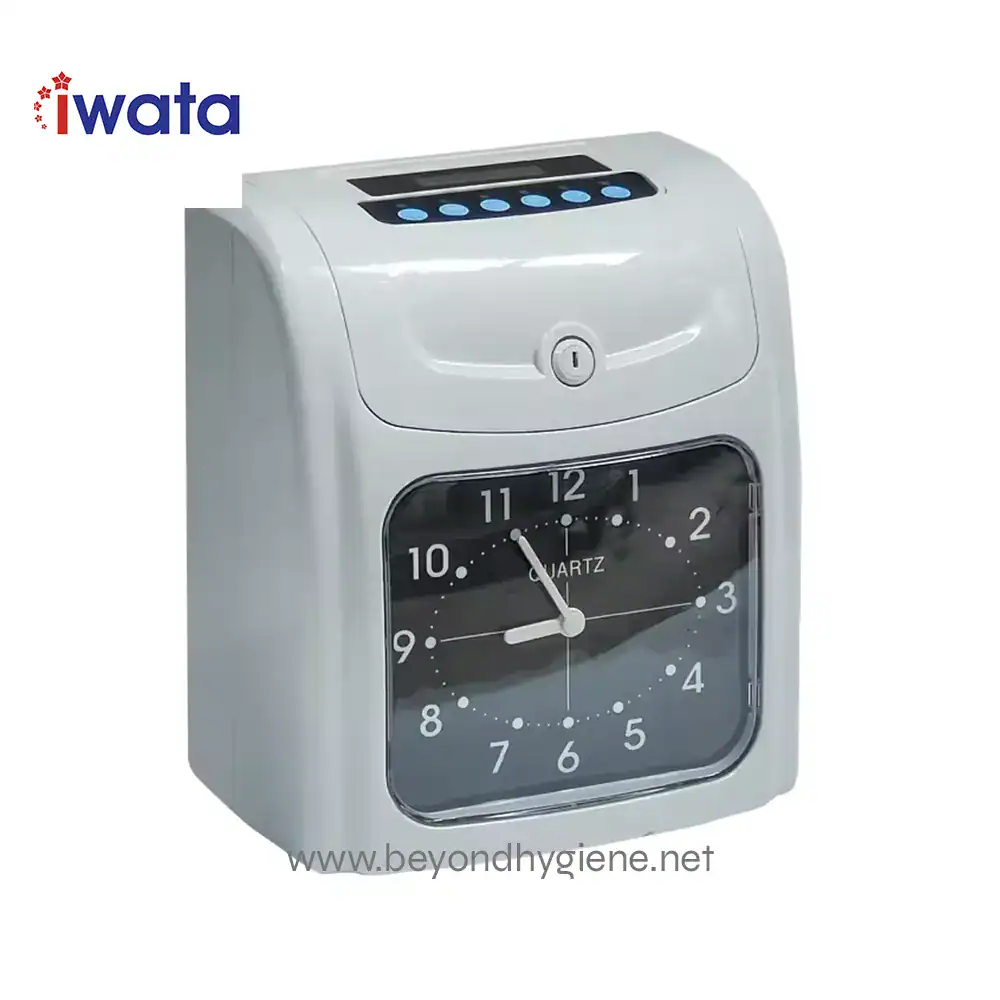 2CRH Bundy Clock (3) White automatic time clock with digital display and buttons, suitable for time management and workplace attendance.