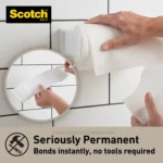Scotch brand adhesive hooks for wall mounting, easy for bathroom organization, no tools required, strong & permanent attachment for hanging towels and accessories.