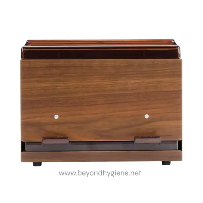 Stainless steel and wood commercial trash receptacle for hygienic waste disposal, ideal for Asian retail spaces and hospitality establishments. Durable, easy to clean waste bin.