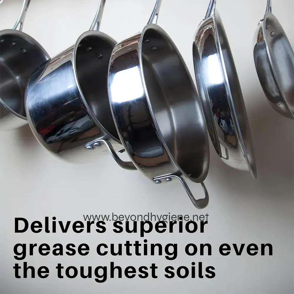 3 Stainless steel pots hanging for grease cutting, showcasing durable cookware for commercial kitchens, emphasizing hygiene and high-performance cleaning solutions from Beyond Hygiene Asia.