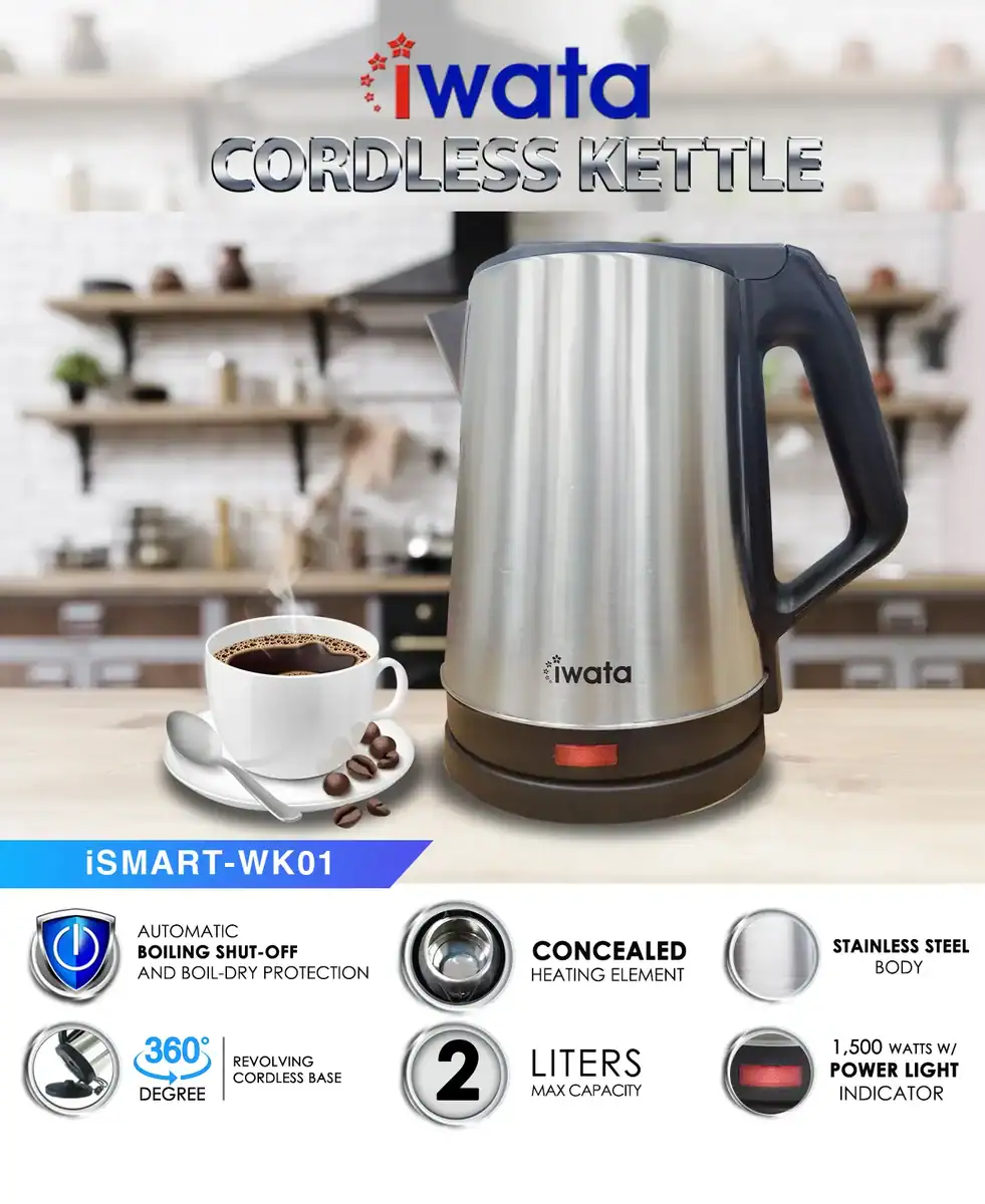 3 IWata cordless electric kettle for professional kitchens, featuring stainless steel body, 2-liter capacity, automatic shut-off, concealed heating element, and 360-degree rotating base.