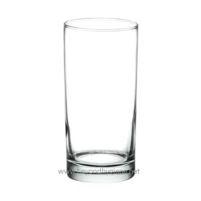 Clear empty glass tumbler for beverage serving and hygiene, ideal for restaurants, cafes, and hospitality industries. Perfect for clean drinking glasses or glassware storage.
