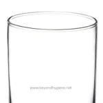 Clear empty drinking glass, minimalistic, for hygiene and cleanliness, suitable for food service and sanitation environments.