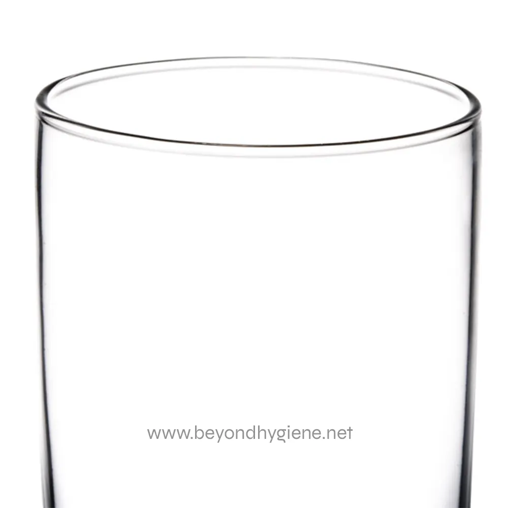 310825 Clear empty drinking glass, minimalistic, for hygiene and cleanliness, suitable for food service and sanitation environments.